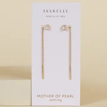 Studded threader-mother of pearl-gold earrings